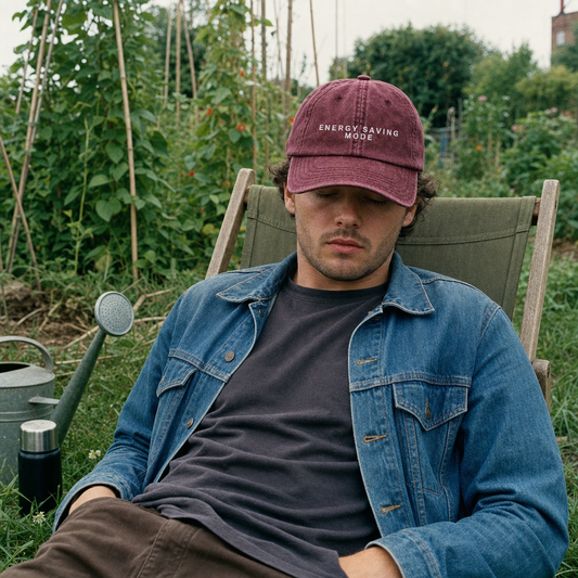 Energy Saving Mode embroidered vintage cap in maroon, worn in a deckchair on an allotment