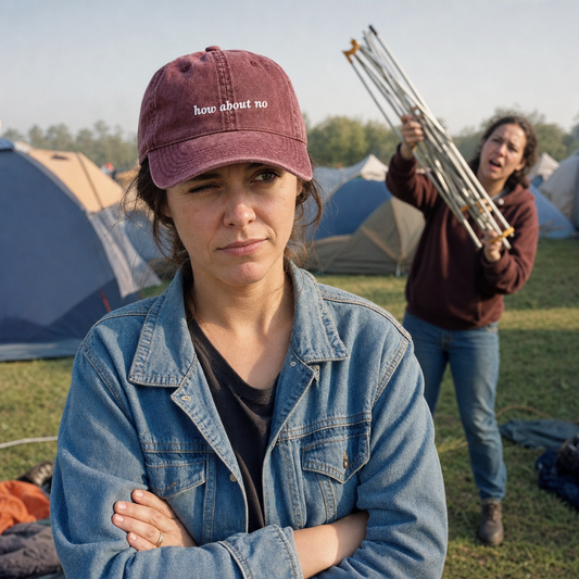 How About No embroidered vintage cap in maroon, worn at a festival campsite