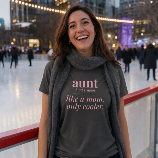 Aunt: Like a Mom, Only Cooler tee worn as a gift, charcoal