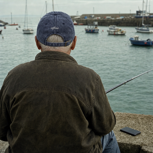 Offline vintage cap in navy, embroidery on the back, worn fishing off a harbour wall