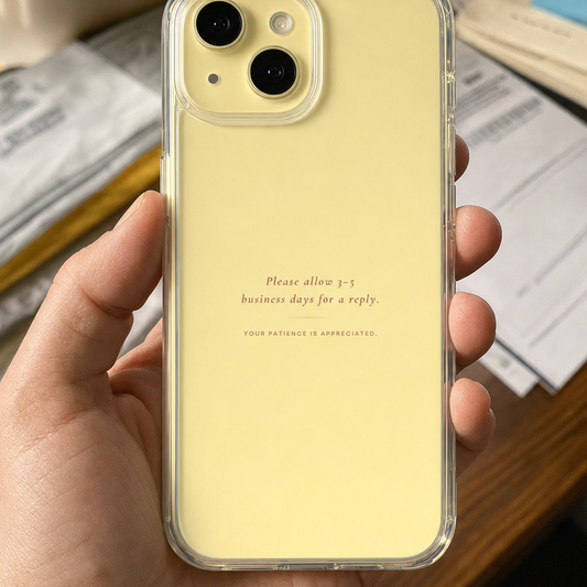 Clear iPhone case printed “Please allow 3-5 business days for a reply” in dark rose lettering
