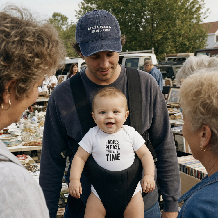 Dad in the Ladies, Please. One at a Time. cap with baby in the matching bodysuit, at a car-boot sale