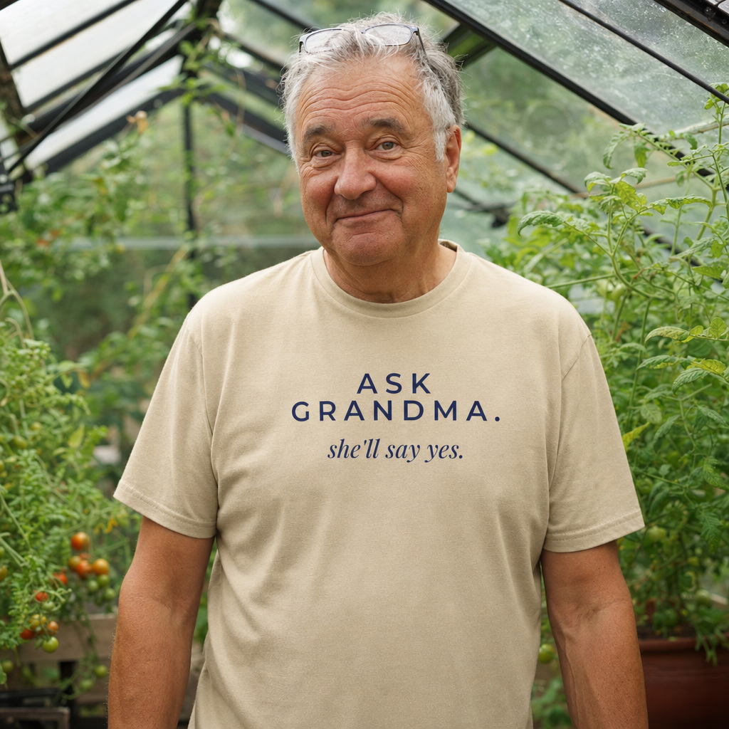 Ask Grandma tee worn as a gift, sand