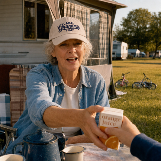 Stone classic cap embroidered “Camp Grandma Staff” in navy, worn at a caravan holiday park