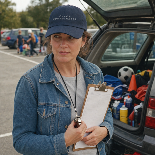 Chaos Coordinator embroidered classic cap in navy, worn in a school car park