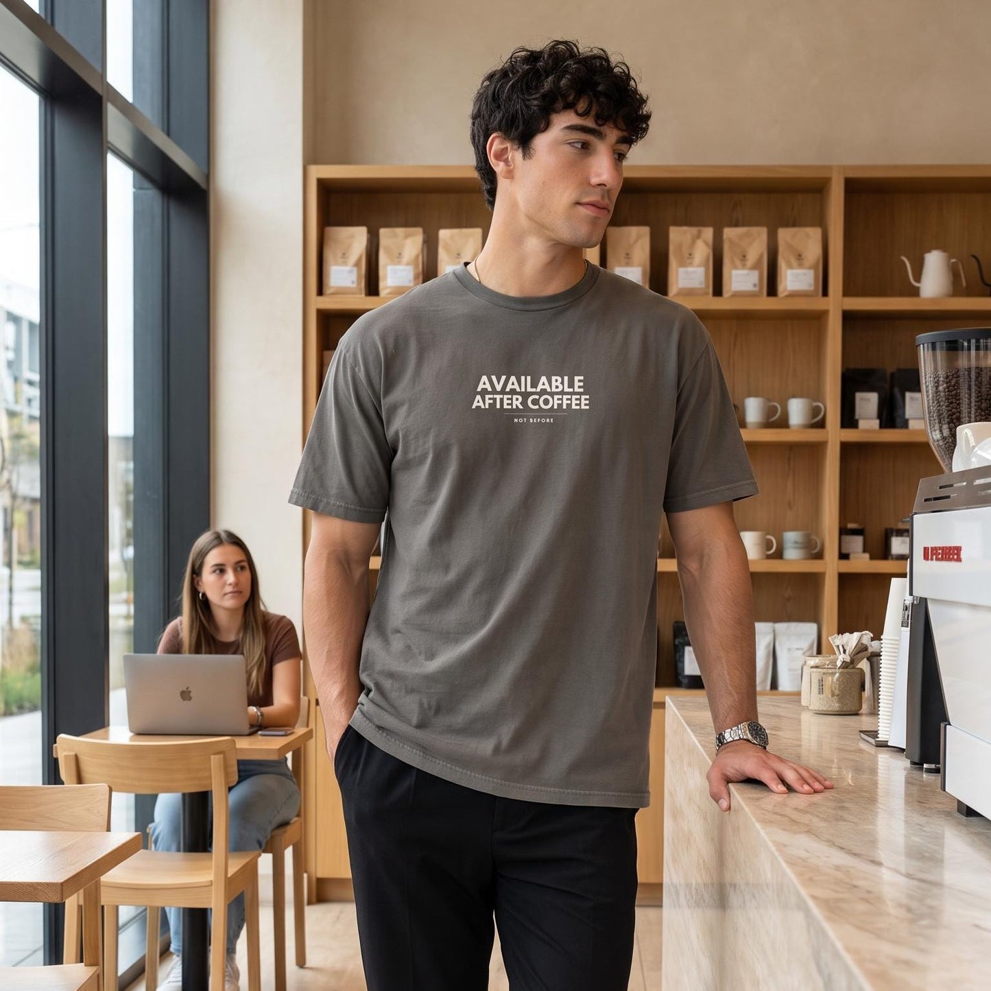 Available After Coffee tee worn in a coffee shop
