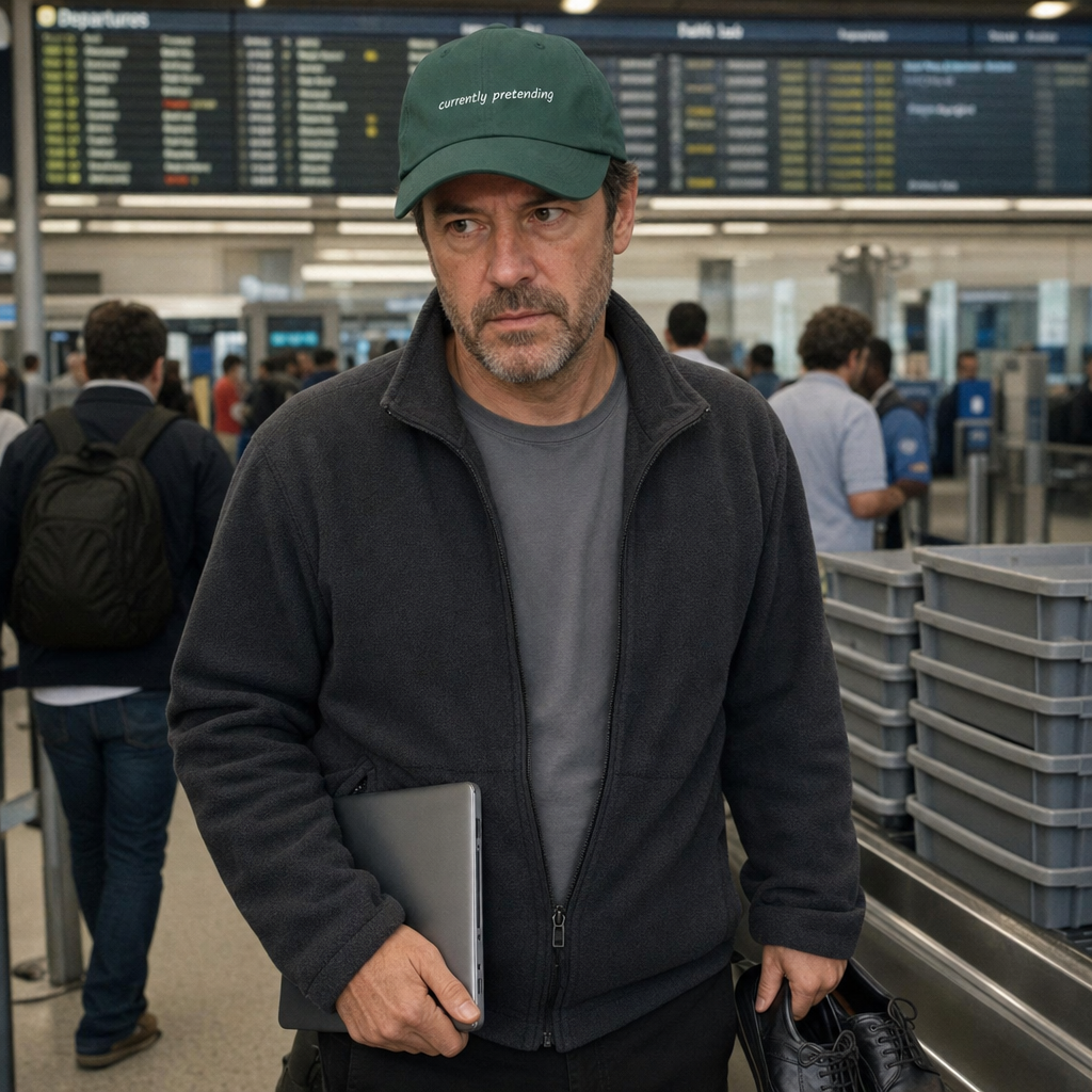 Spruce green classic cap embroidered “currently pretending” in white, worn in an airport queue