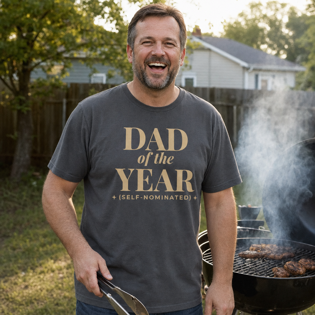 Dad of the Year tee worn as a gift, charcoal