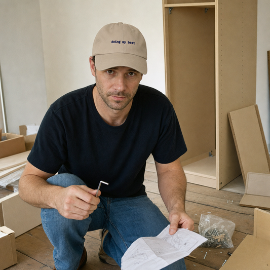 Doing My Best embroidered classic cap in stone, worn building flat-pack furniture