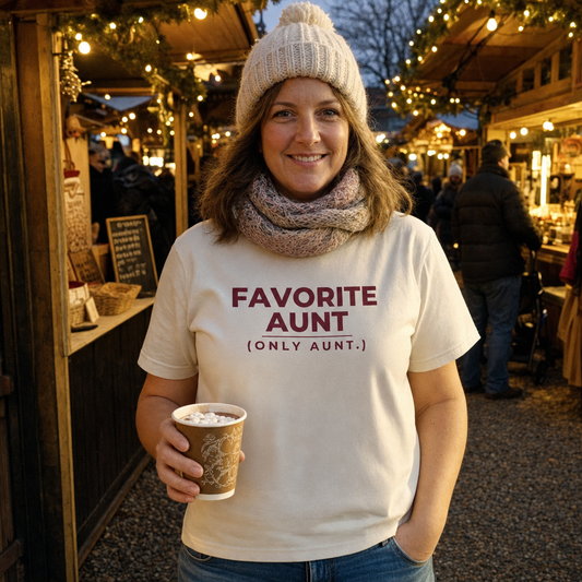 Favorite Aunt (Only Aunt) tee worn as a gift, natural