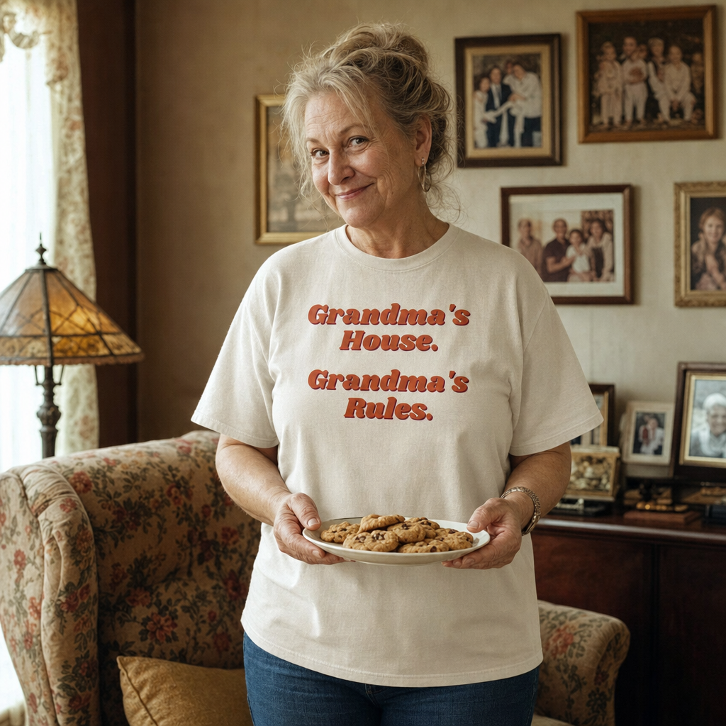 Grandma's House, Grandma's Rules tee worn as a gift, natural