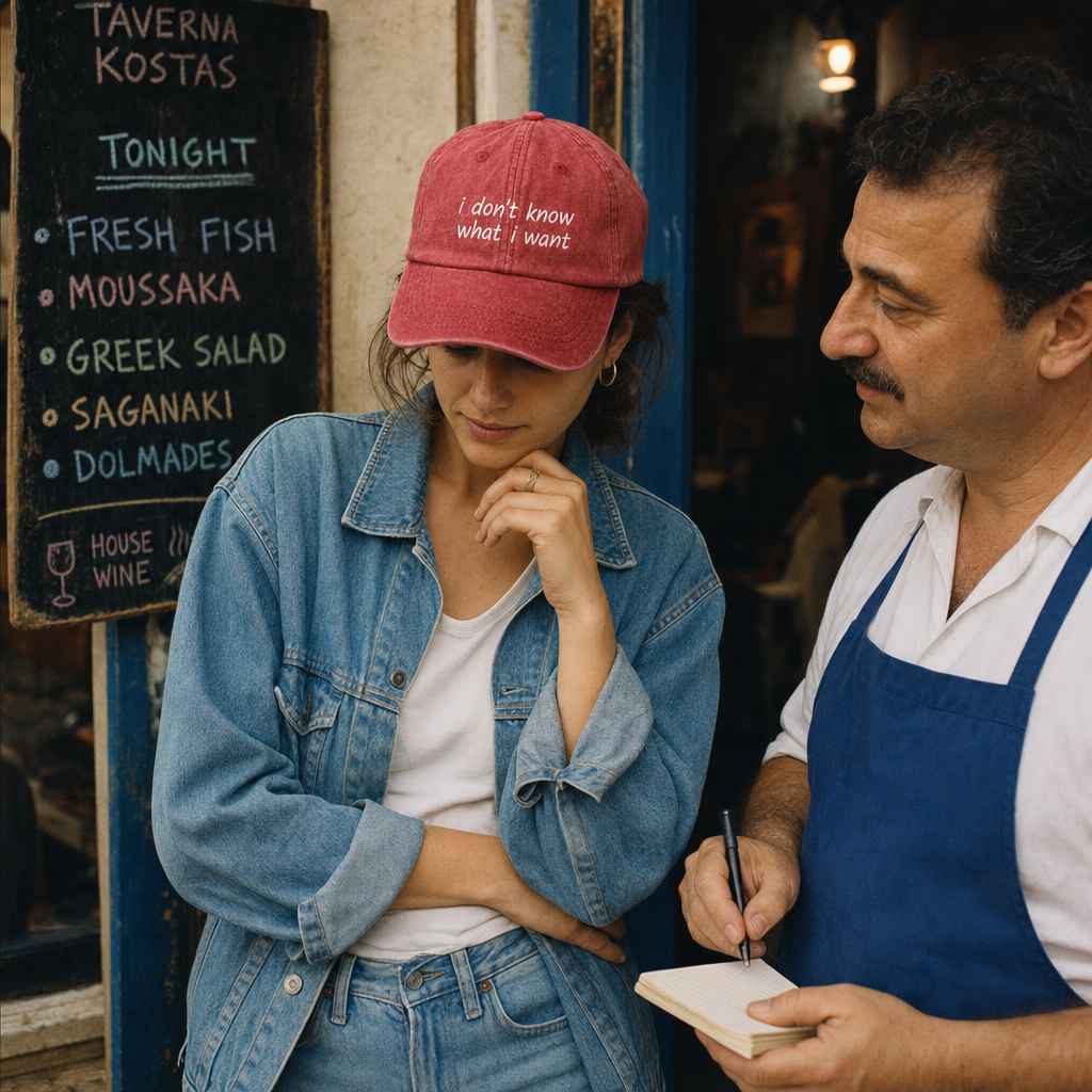 Washed red vintage cap embroidered “i don't know what i want” in white, worn at a taverna menu board