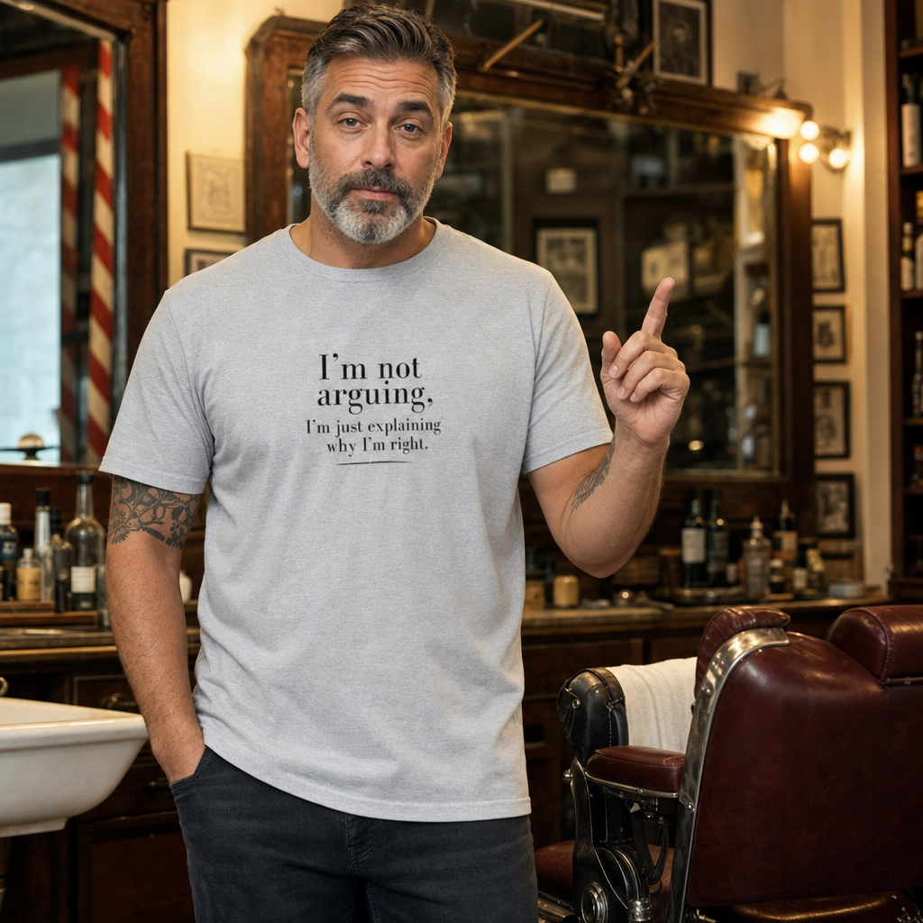 I'm Not Arguing tee worn in a traditional barbershop