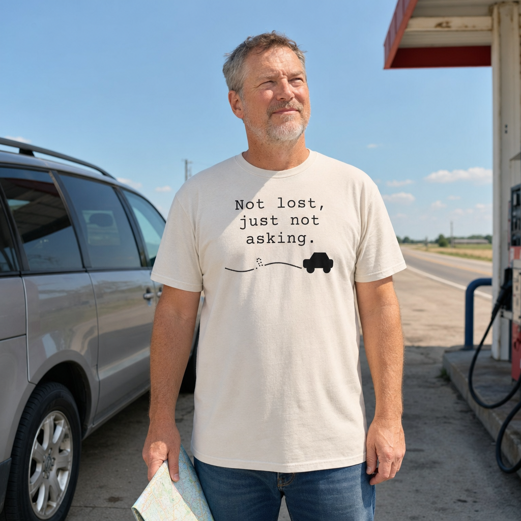 Not Lost, Just Not Asking tee worn as a gift, natural