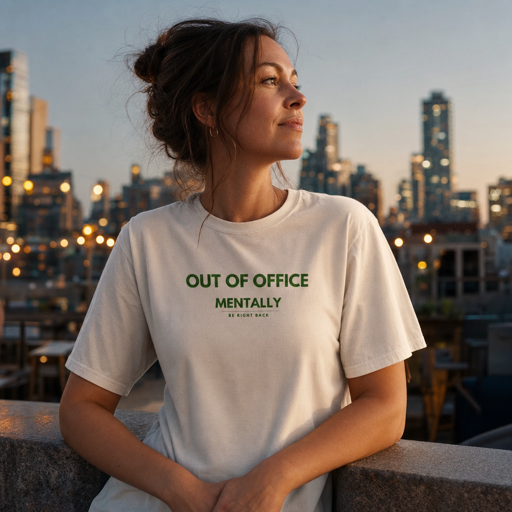 Out of Office tee worn on a city rooftop at dusk