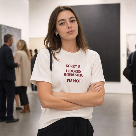Sorry If I Looked Interested, I'm Not tee worn by a woman at an art gallery opening