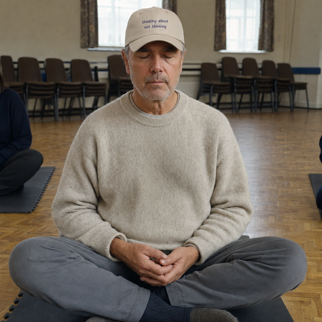 Stone classic cap embroidered “thinking about not thinking” in navy, worn at a meditation class