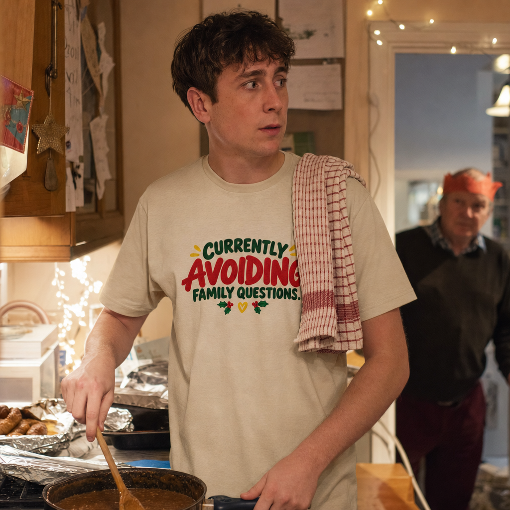Currently Avoiding Family Questions tee worn while hiding at the stove during Christmas dinner