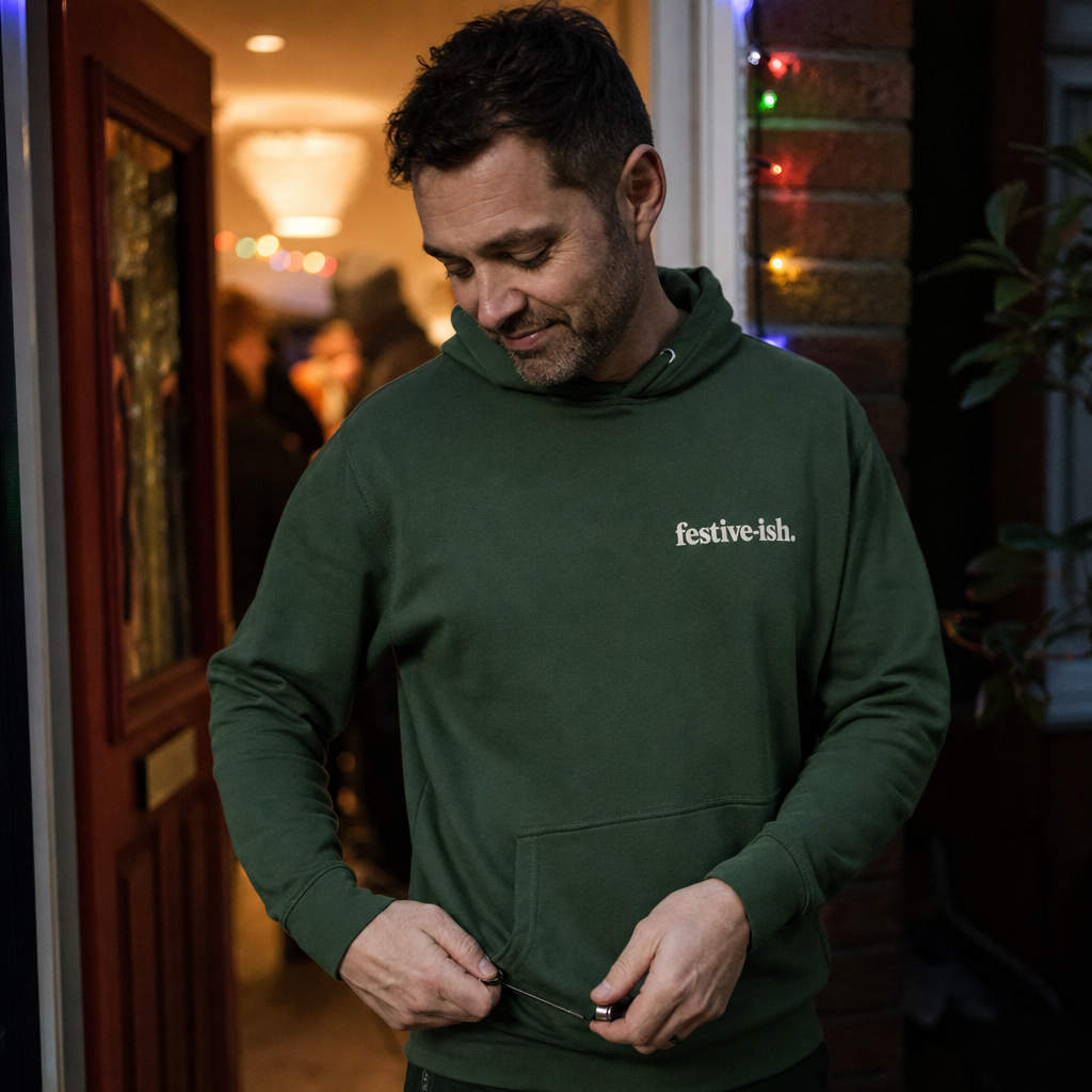 Festive-ish hoodie worn leaving a Christmas house party early