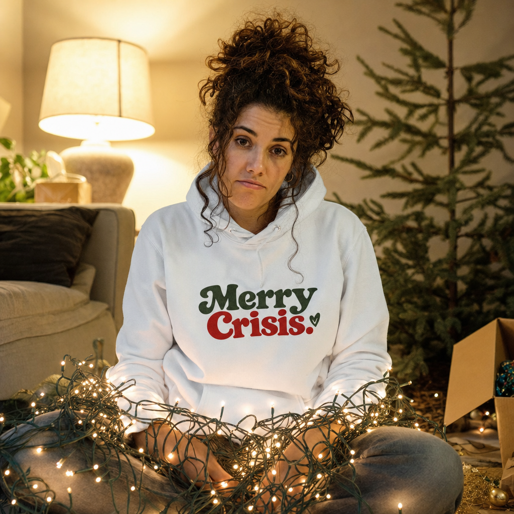 Merry Crisis hoodie worn while tangled in Christmas lights