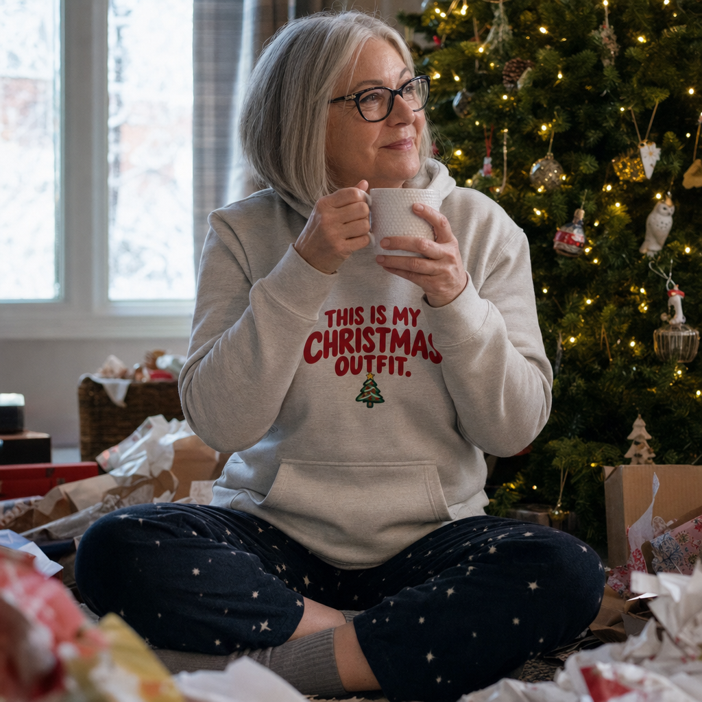 This Is My Christmas Outfit hoodie worn on Christmas morning by the tree