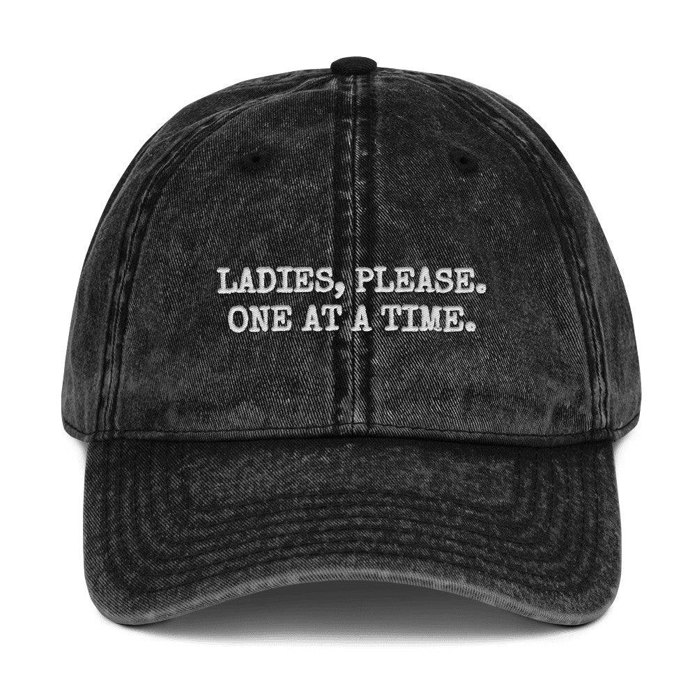 Ladies, Please. One at a Time. embroidered vintage cap in black