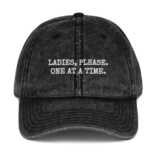 Ladies, Please. One at a Time. embroidered vintage cap in black